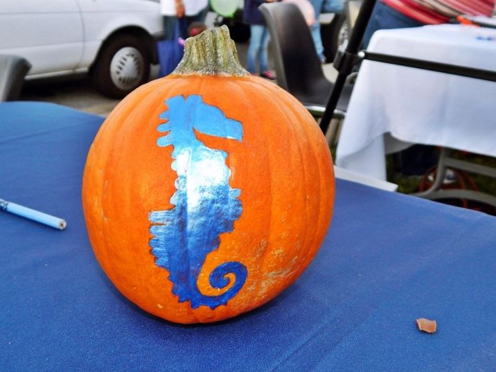 Blue seahorse painted on a pumpkin